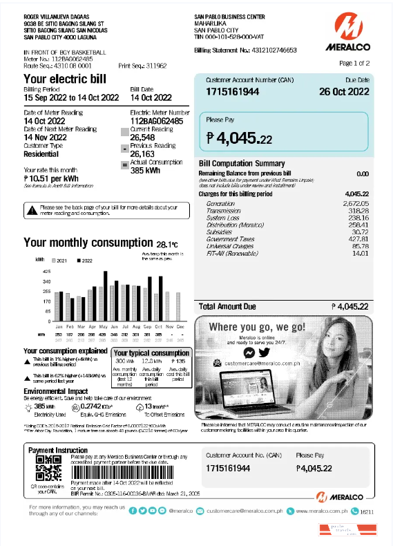 PHILIPPINES MERALCO utility bill Word and PDF template